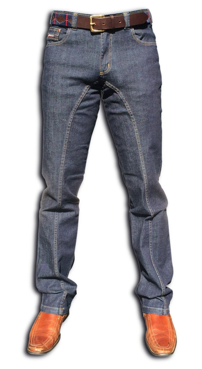 Mens horse riding jeans for polo and polocrosse in a denim colour
